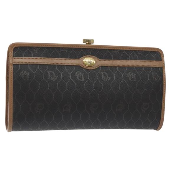 Christian Dior Honeycomb Canvas Clutch Bag PVC Black Gold Auth SW978 - Picture 1 of 16